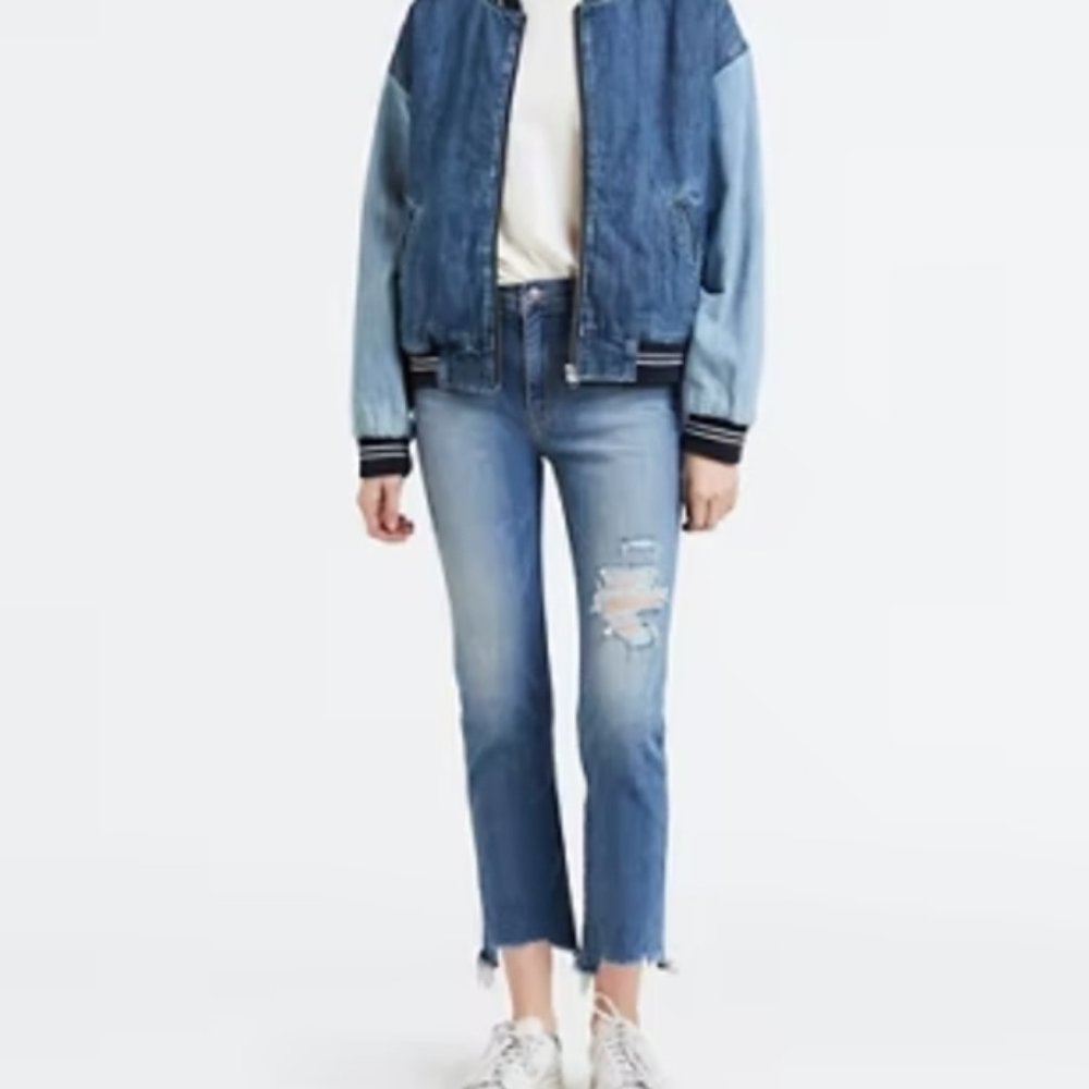 Levi's 724 High Rise Straight Jeans Indigk Pixel Medium Wash Distressed Size 28